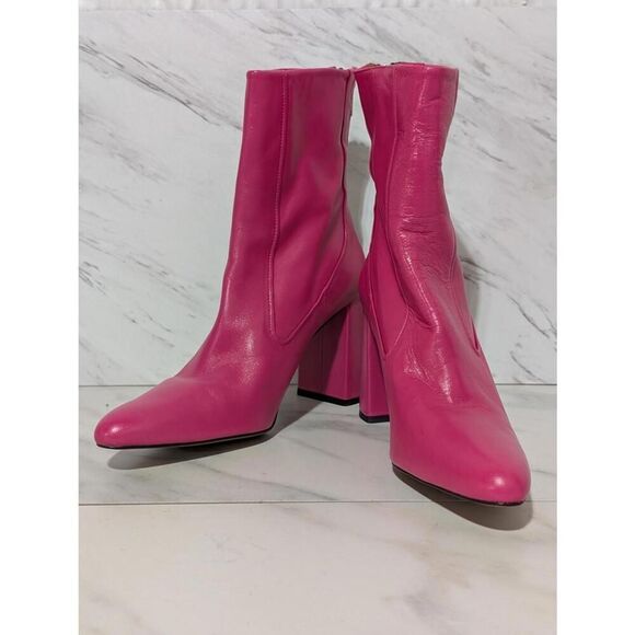 Zara Runway Vogue Collection Hot Pink Runway Zip Up Heel Leather Boot Sz 38 NWOT - Picture 1 of 9